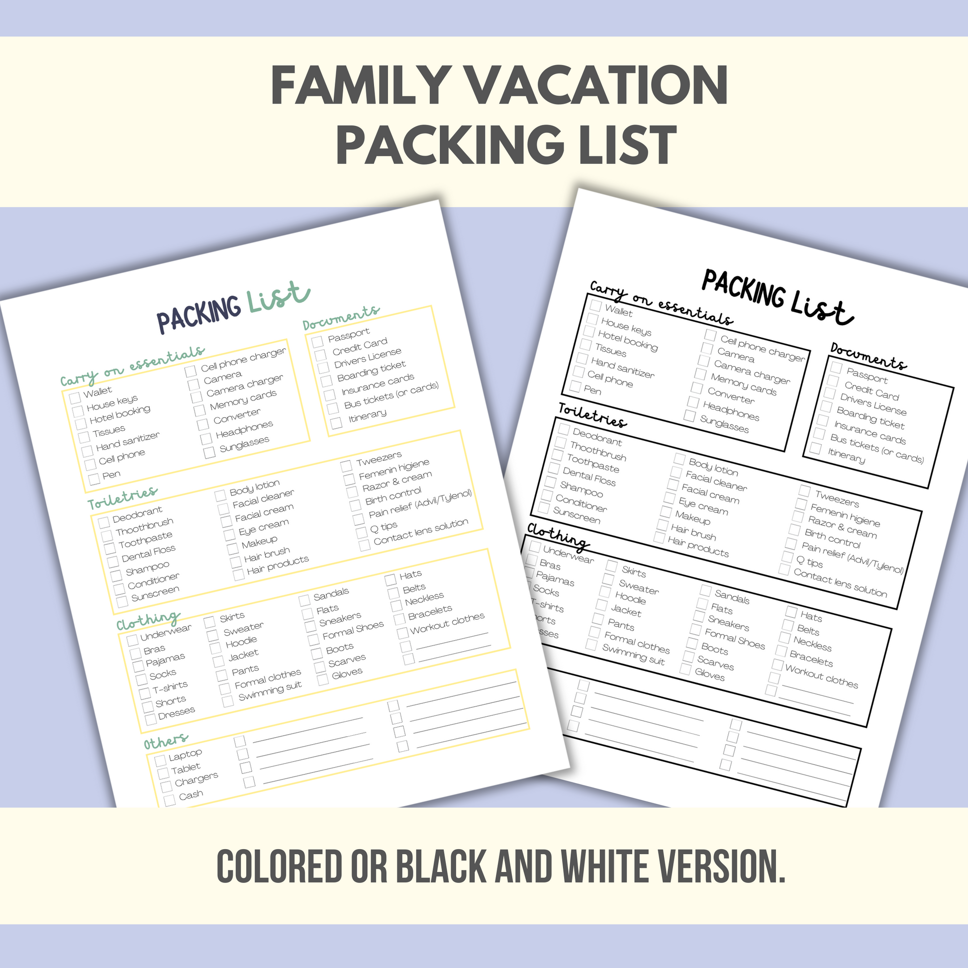 Family vacation packing checklist with colored and black and white options