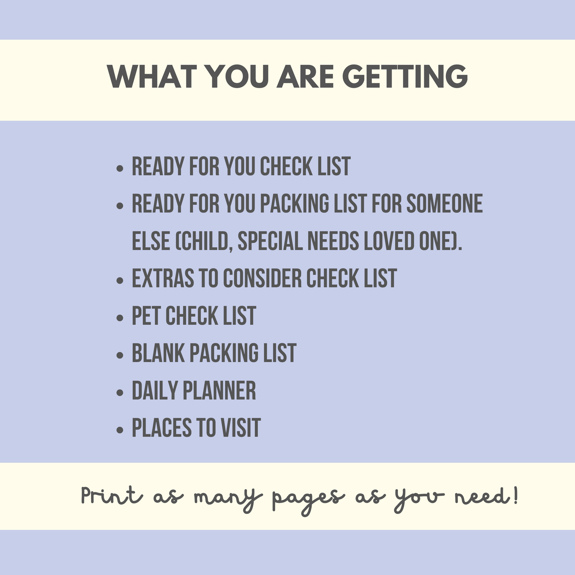 Digital download, ready for you check list, packing for someone else, extras to consider, daily planner, places to visit, blank packing list for you to fill in